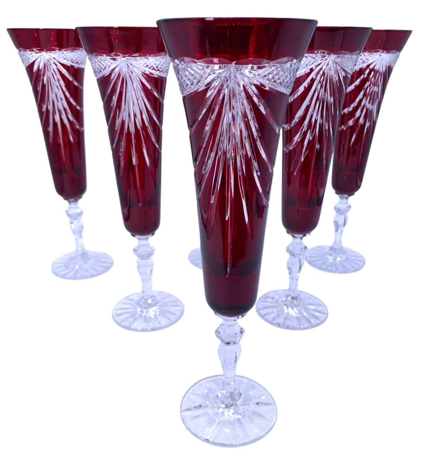 6 Incredible Ruby Red Clear Swag Garland Bohemian Crystal Champagne Trumpet Flute Toasting Glasses (1 of 10)