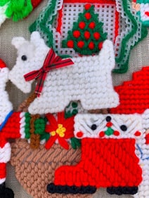 26 Vintage Plastic Canvas Needlepoint Santa, Snowman, Kitty, Elf, Dog Christmas Fridge Magnet Decor