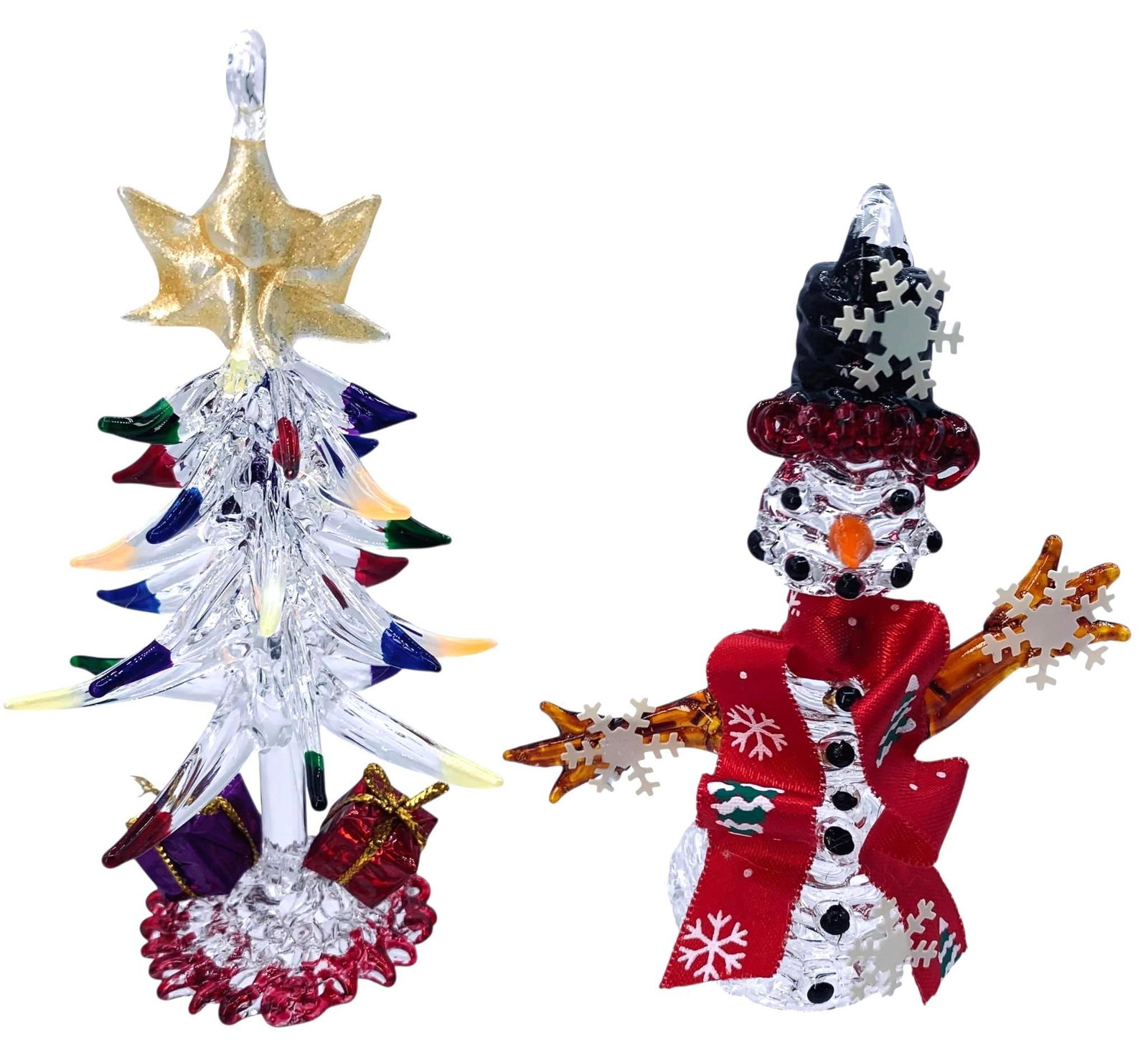 Artisan Coiled and Pulled Glass Snowman and Christmas Tree Ornaments: 4 3/4" to 5 3/4" tall, intricately crafted, no structural issues.