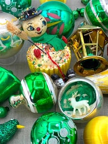 34 Emerald Green Mercury Glass, De Sala Cupcake Snowman, Feather Tree, Bird Christmas Ornaments