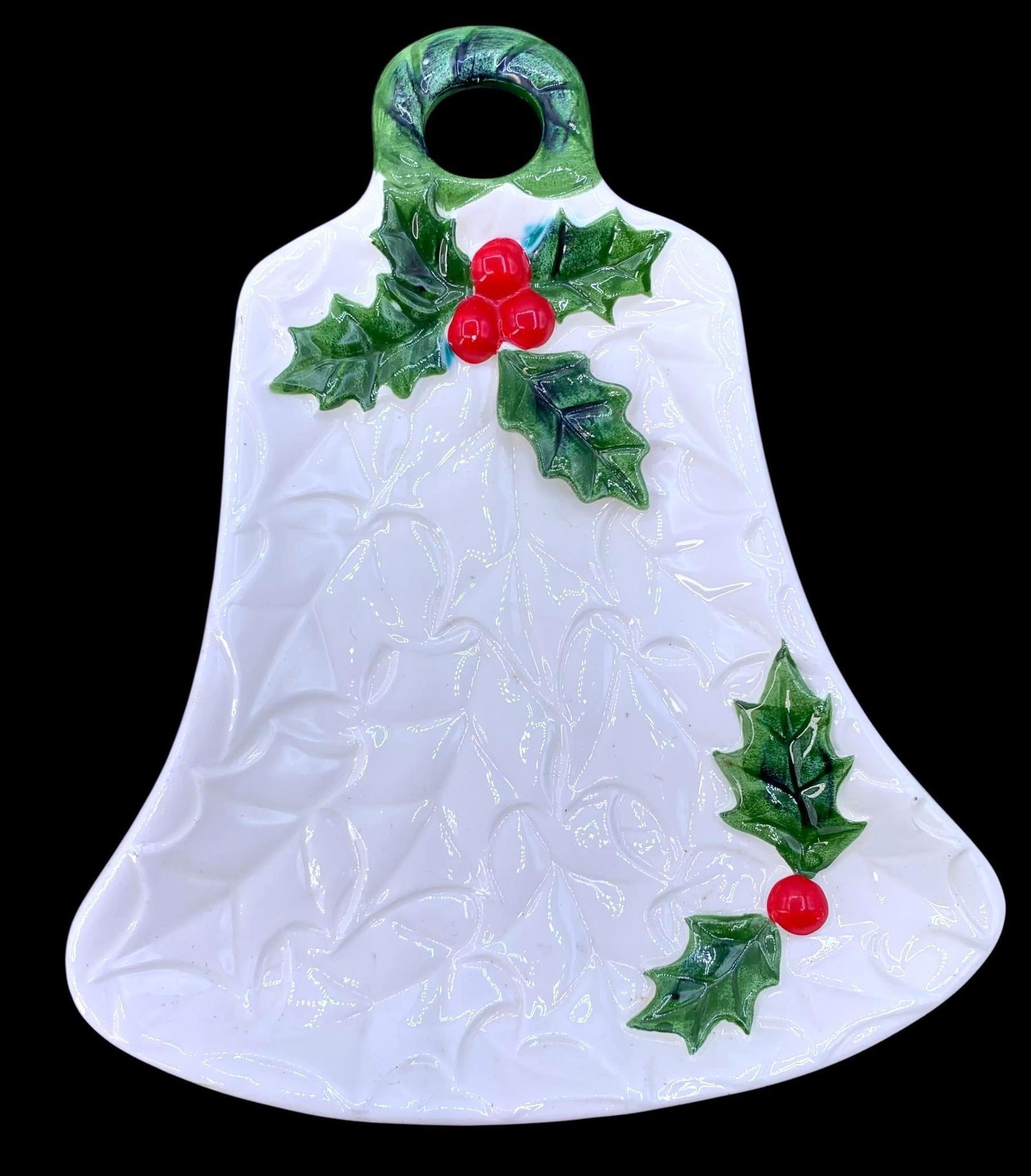 12 c1970s Lefton Vintage Ceramic Christmas Holly Candlestick Holders, Cookie Platter, Candy Dish: 10" to 4 1/2", a nip to one tip of a Lefton candle holder, factory stamps on most.