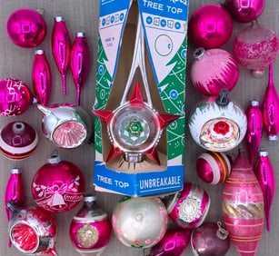 26 pc Vintage Rose, Coral Pink and Magenta Tree Topper and Christmas Ornament Collection