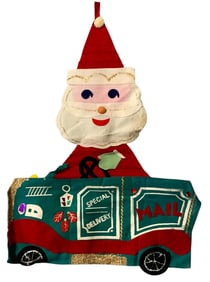 7 Mid Century Wool Felt Santa Christmas Card Holder, Stockings and Doorknob Holiday Decorations