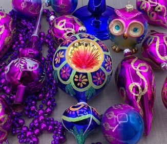 16 pc Incredible Violet Mid Century Tree Topper, Owl, Hummingbird, Polish Indent Collection