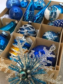 18 pc Sapphire Blue Vintage Glass Christmas Ornament Collection