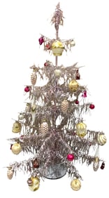 Mid Century Baby Pink Metallic Tinsel Table Top Feather Tree & 46 Antique to Vintage Ornaments