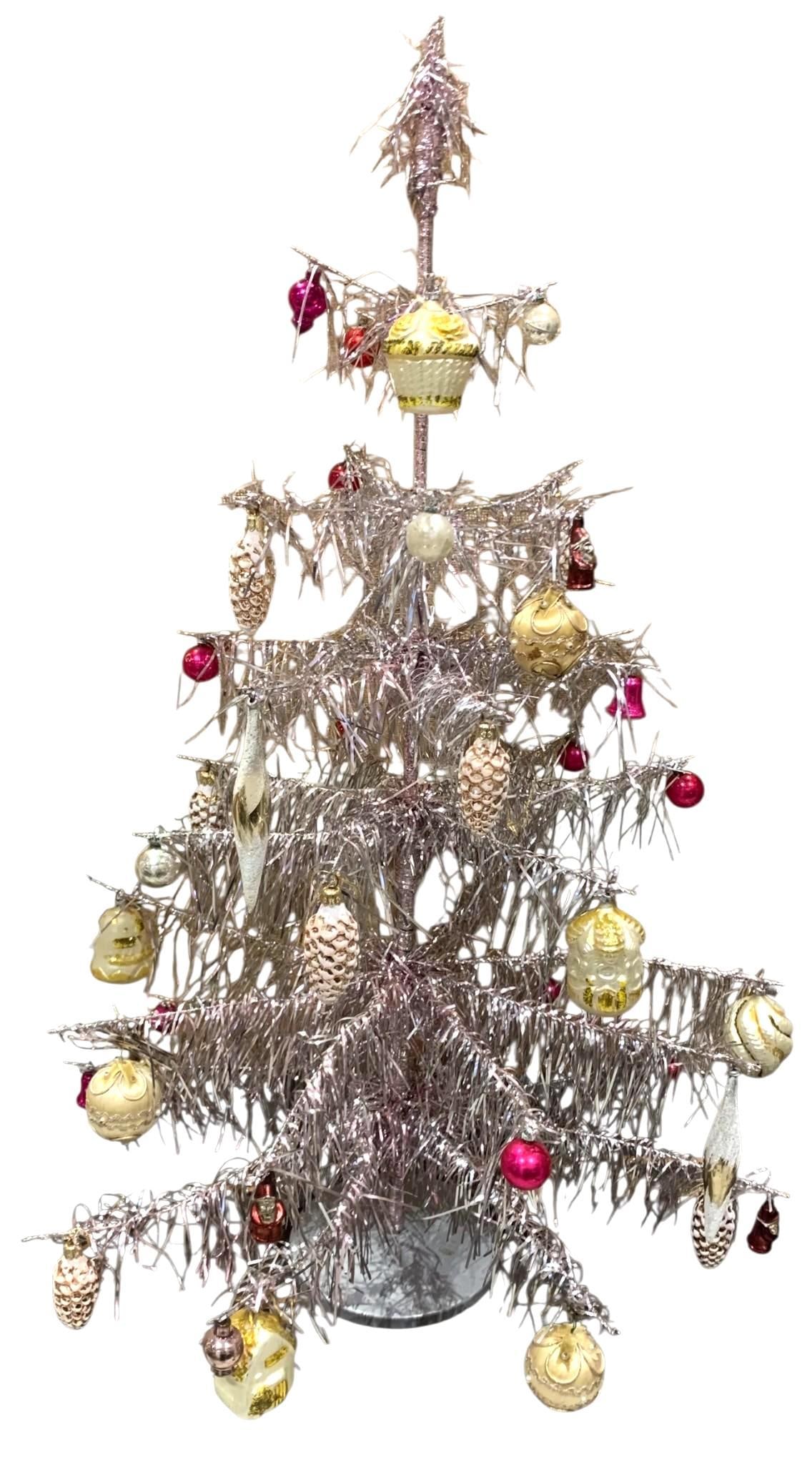 Mid Century Baby Pink Metallic Tinsel Table Top Feather Tree & 46 Antique to Vintage Ornaments (1 of 20)