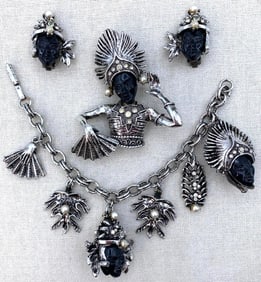 1950s PAM Thai Dancer Blackmoor Figural Charm Bracelet, Brooch and Clip Earring Jewelry Parure