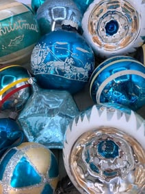 35 pc Antique to Vintage Azure Blue Glass Christmas Ornaments, Tree Topper and Shiny Brite Box