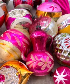 22 Vintage Magenta Pink Poland, USA, Mercury Glass Christmas Ornaments