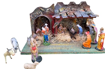 Early West Germany Vintage 15 pc Christmas Nativity Vignette Holiday Decoration with Box
