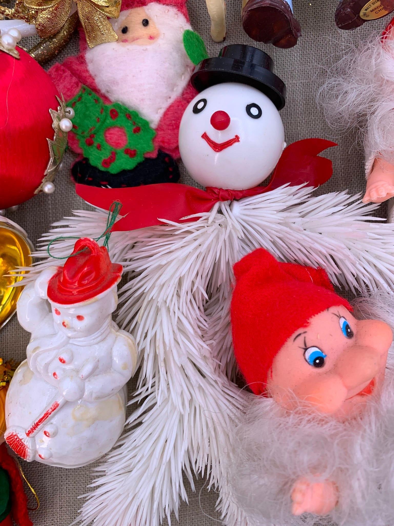 30 Vintage Snowman, Gnome, Santa, Mouse, Rudolph Christmas Ornaments: Fab assortment, including hard plastic, jeweled, flocked, figural, openwork, satin wrapped, glittered and handmade, Japan label on Frosty. 