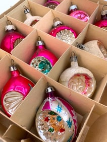 12 Mid Century Magenta Pink Marquise and Round Indent Mercury Glass Ornaments