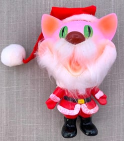 Mid Century Ninohira Japan Christmas Cat Hot Pink Day Glo Orange Santa Rubber ChristmasToy