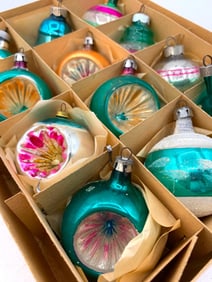 12 Teal Blue, Nectarine and Pink Mercury Glass Christmas Ornaments in Santa Land Box