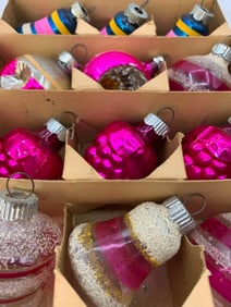 12 Mid Century Cobalt Blue and Magenta Pink Mercury Glass Christmas Ornaments in Paragon Box