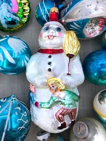 29 Vintage Ombre Cobalt Aquamarine, Large RADKO Snowman, Peacock, Glass Christmas Ornaments