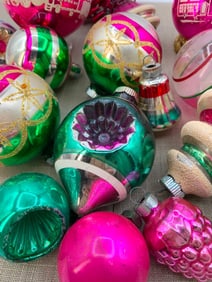 20 Mid Century Hot Pink and Emerald Glass Christmas Tree Ornaments
