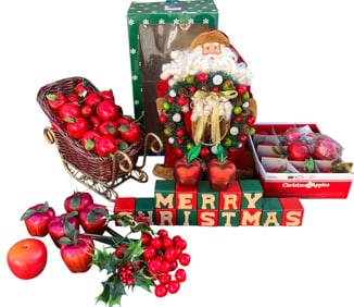 90 pc Folk Art Old World Apple Wreath Santa, Wicker Sleigh and Apple Ornament Collection
