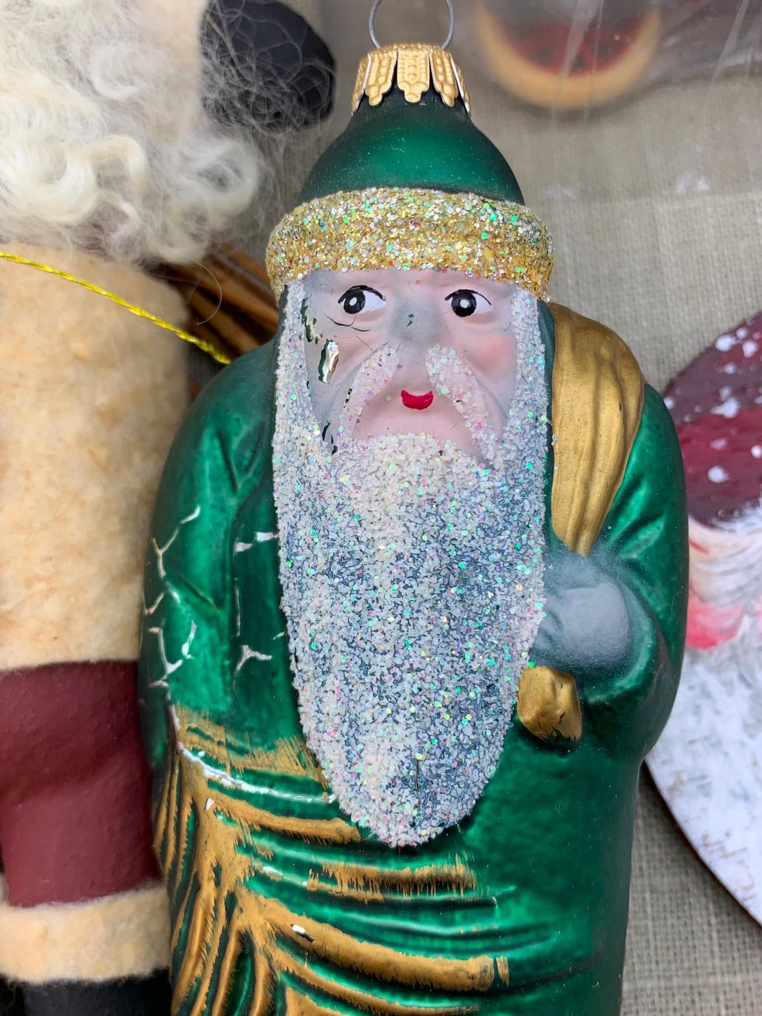 30 pc Vintage Santa Claus Christmas Ornament Collection: Mercury Glass, papier mache, painted acorn, dried pepper and metal spoon Santas, Tea Bag Santa, wood, composite and fabric.