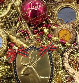53 Gold & Bordeaux Glass, Metallic Woven Garland, Musical Instruments, Stag Christmas Ornaments
