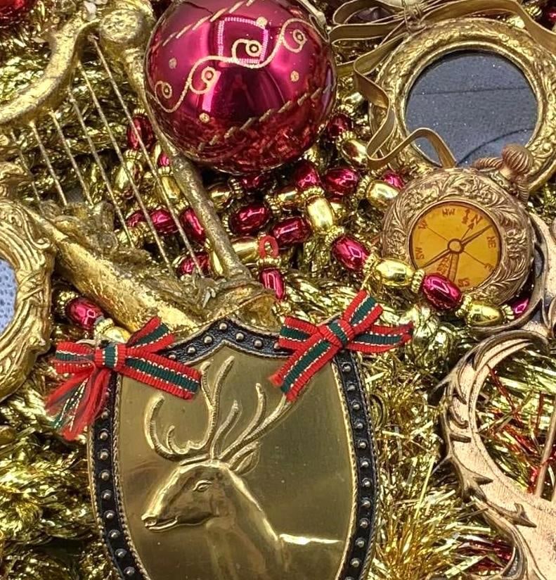 53 Gold & Bordeaux Glass, Metallic Woven Garland, Musical Instruments, Stag Christmas Ornaments: Gorgeous hues and designs, glittering detail on the glass bulbs, cloissone boxed ornament, repousse stag shields, assorted harps and horn, gilded mirror ornaments, woven tasseled garland, faceted comp