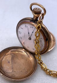 c1909 Elgin National Watch Co Ship Etched Hunt Case 18s Antique Pocket Watch & Chain