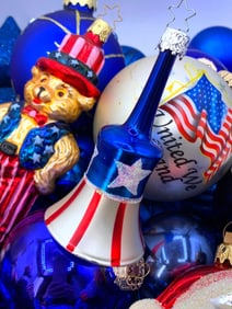 134 Patriotic USA Red White Blue West Germany, Poland, USA Glass and Composite Christmas Ornaments