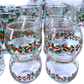 34 pc Vintage Holly Leaf Christmas Rocks Cocktail, Water, Roly Poly Christmas Glasses & Lidded Jar