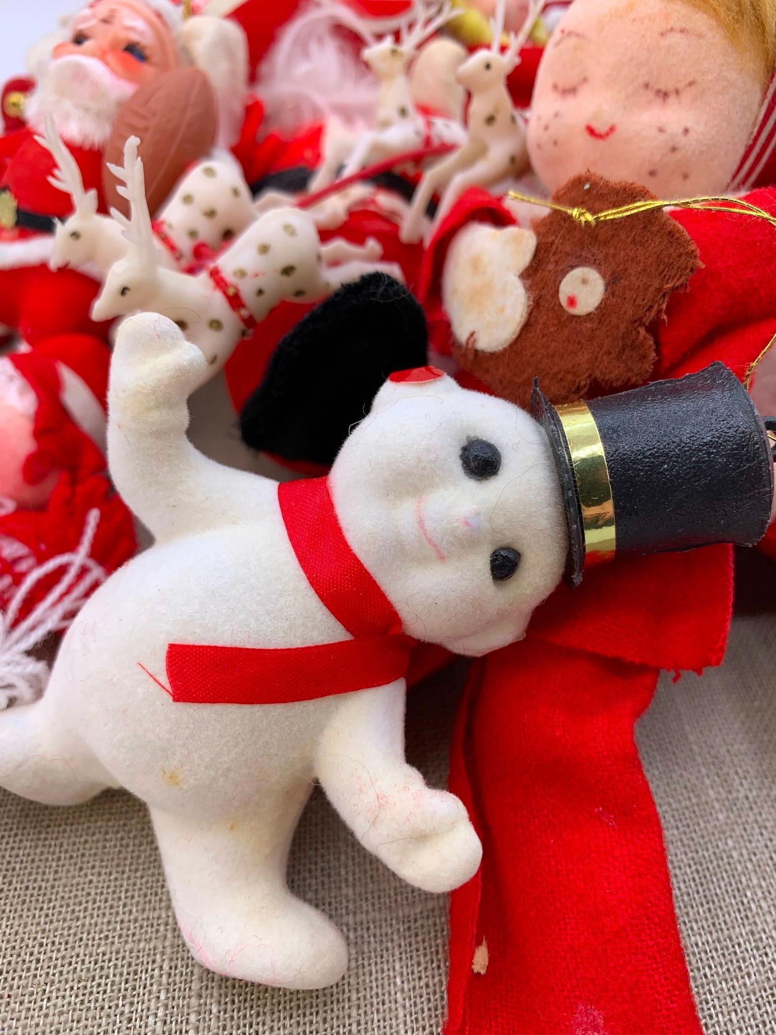 22 Mid Century Velveteen Mice Plush, Flocked Plastic & Mercury Glass Garland Christmas Ornaments: 7' 8" Flocked plastic and mercury glass garland strand, pair of early 8" Velveteen stuffed plush mice (areas of age and wear), snow white blue eyed dog ornament with Japan label, 3 NOS British Hong Ko