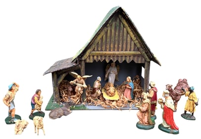 17 pc Early Italian Made Nativity Stable and Vignette Figurines Holiday Diorama