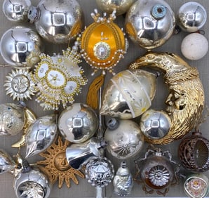 32 Antique to Vintage Mercury Glass, Metal, Satin, Plastic, Celestial Christmas Ornaments