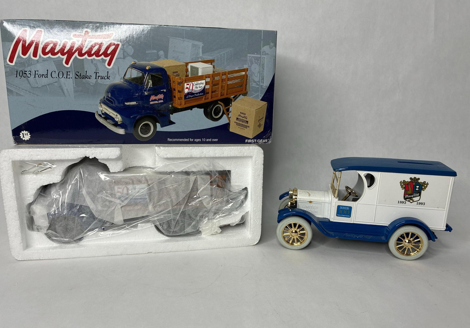 First Gear HD Maytag 1953 Ford C.O.E. Stake Truck 50th Ann. Edition & 1953 Chevy Delivery Van 100TH: Both Anniversary Limited Collector Editions NOS and Open Box 1/34 scale Stock no. 19-3079