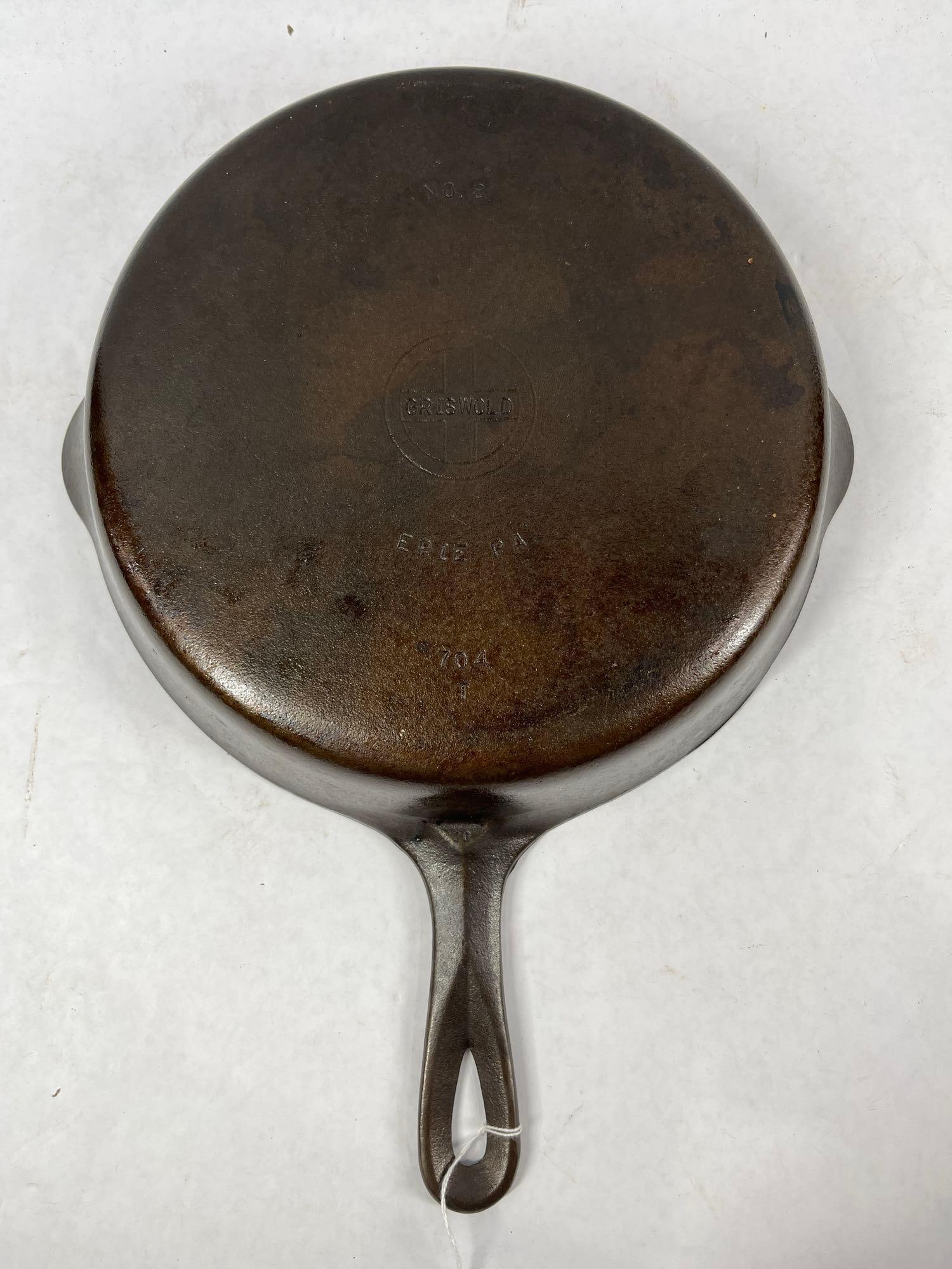 Griswold #8 Cast Iron Skillet: Small block logo, Erie, Pa. 704 T. Good clean skillet, seasoned and ready to use