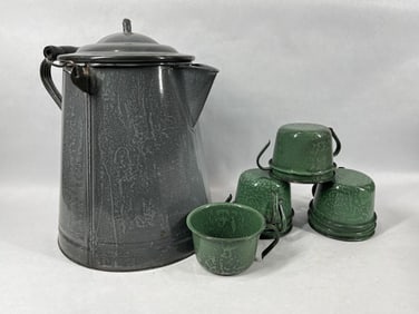 Great Enamel Coffee Pot & Mugs