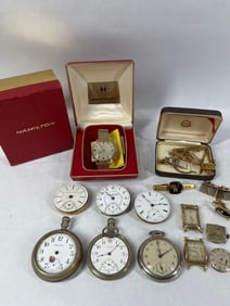 Hamilton Wrist Watch, Pocket Watch Parts, and Cufflinks