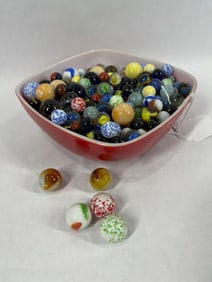 Pyrex Bowl Full of Marbles and Shooters