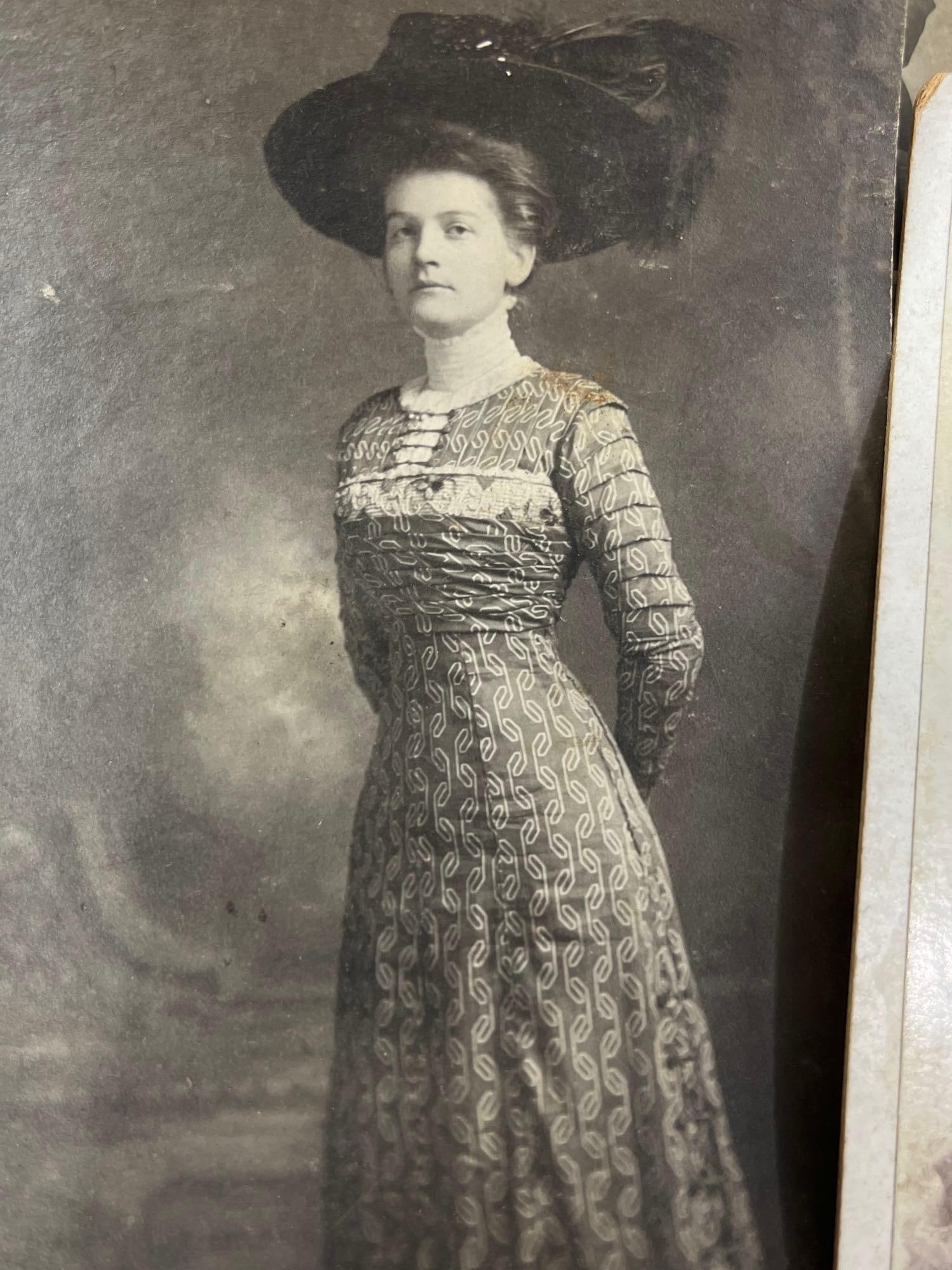 Card Catalogs and Early Black and White Photographs: Featuring child with early American flag, ladies in period clothing, and men,