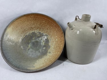 Redware Pottery Bowl & Moonshine Crock Jug