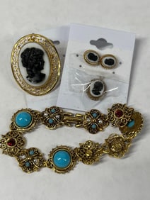 Cameo, Earrings, and Gem Bracelet