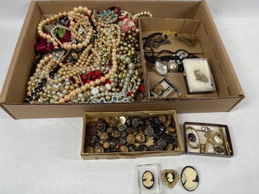Old Buttons, Beaded Necklaces, Pins, Brooches, and Jewelry