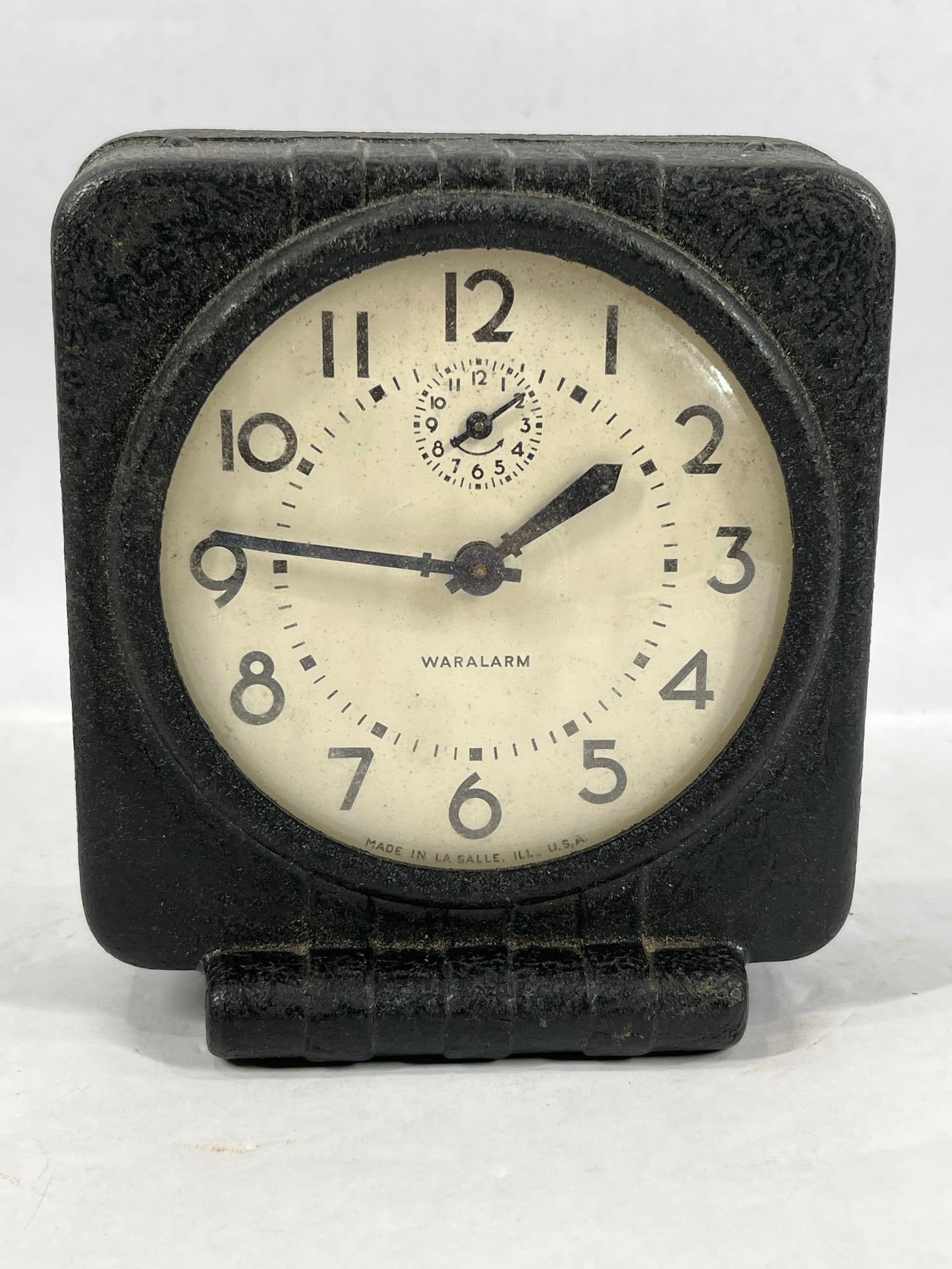 War Alarm WW2 Era Clock: Made of cardboard to save on steel, this is a key wind clock in working condition. Second hand does not spin.