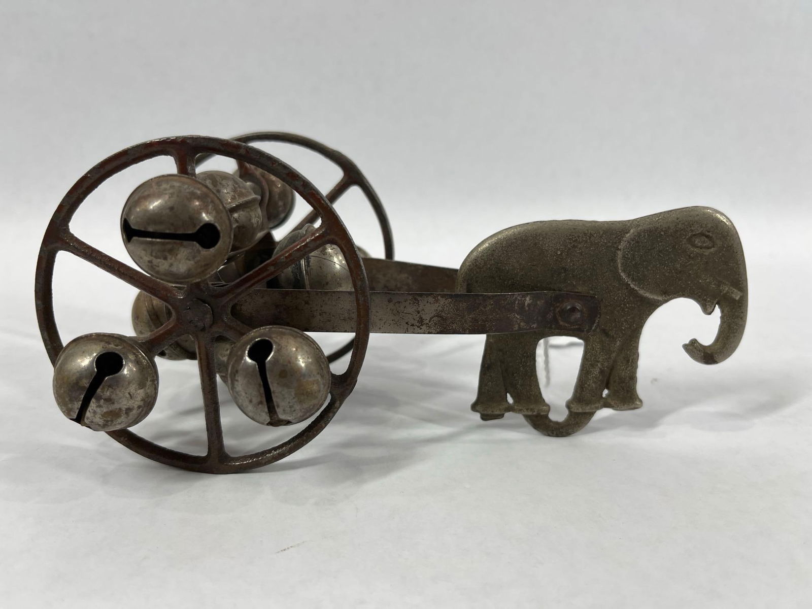 Elephant & Bells Late 1800s Pull Along Toy: WHeels move when pulled or pushed. 8 inches long