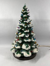 Lighted SNow Covered Ceramic Christmas Tree on Metal Base