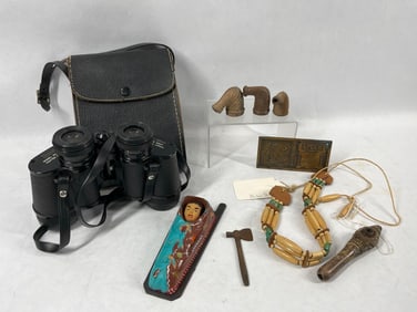 Brass Tyler Plaque, Clay Pipes, Beaded Choker, and More