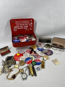 Smokers Tin, Buttons, Keys, and Glasses