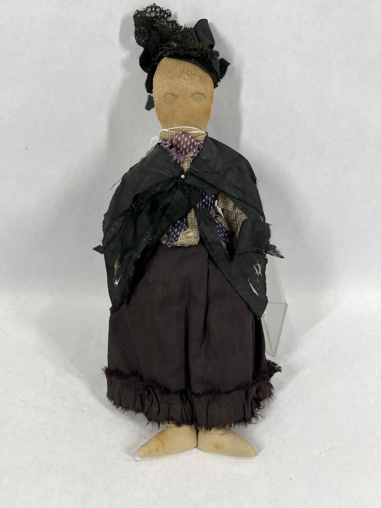 Lancaster Pa Cloth Doll: Clothing shows some wear and damage. Drawn on face. 13 inches tall.
