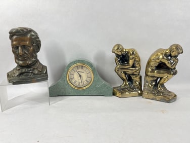 Abe Lincoln and Thinker Bookends and Mantle Clock