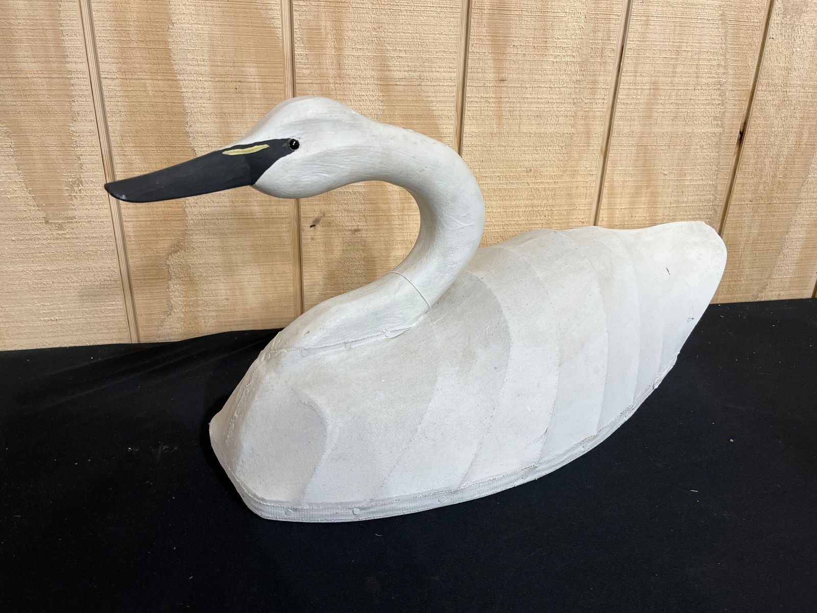 Large Fabric & Wood Swan Duck Decoy: Lacquered fabric over a wood frame. Base and head is wooden with hand painted details. 27x13x11