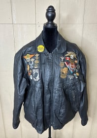 Genuine Leather Riding Coat w Harley Davidson Patches and Pins